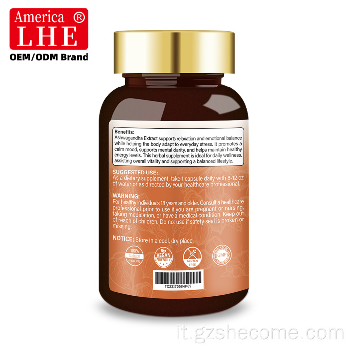 Capsule Shecome Ashwagandha certificate GMP per il supporto dell'umore